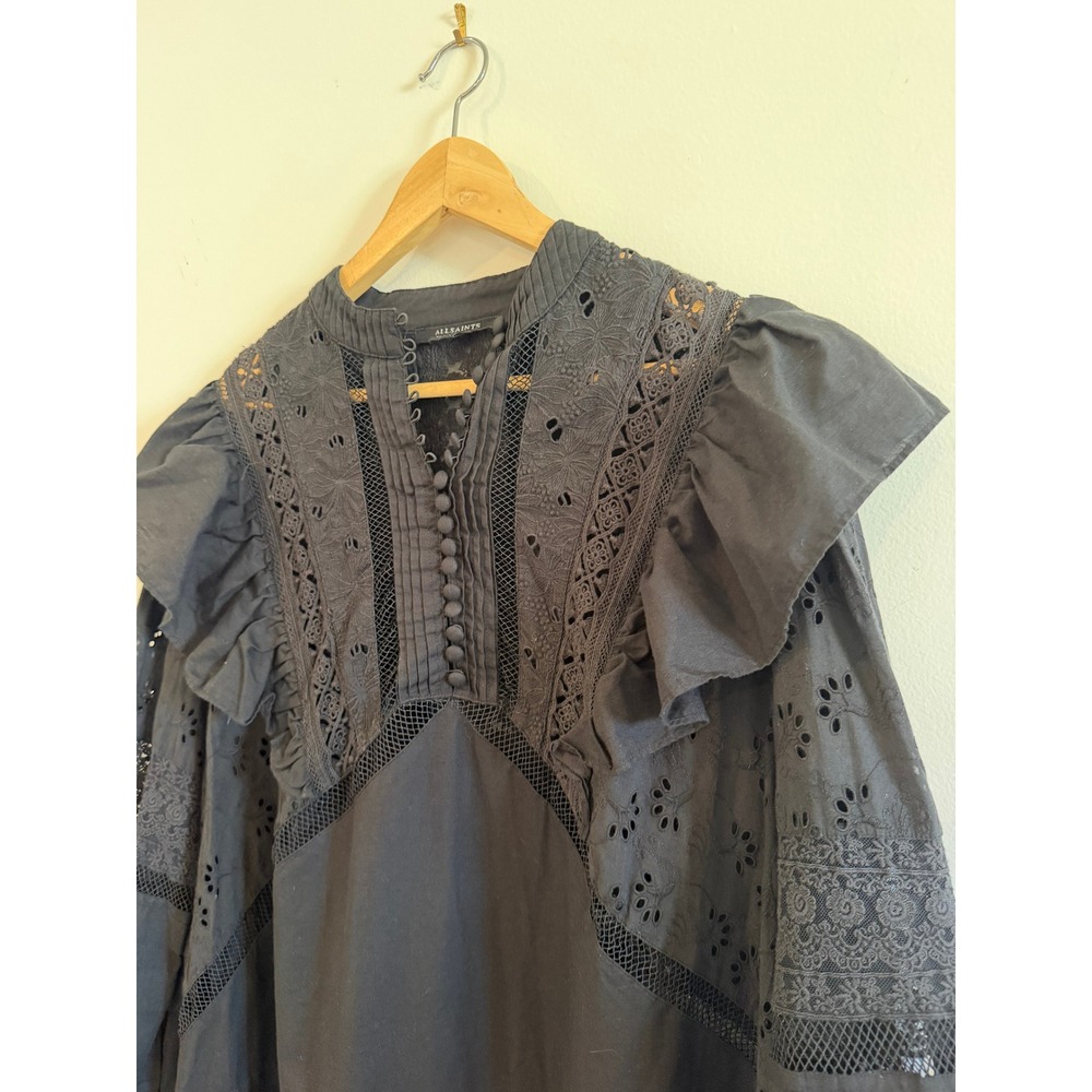All Saints Prim Broderie Dress Black Eyelet Lace Ruffle Mini US 6 - Picture 2 of 12